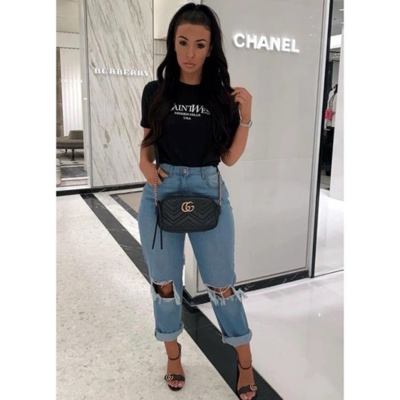 Blue High Waist Distressed Ripped Cuffed Boyfriend Jeans Denim Pants - Picture 7 of 16